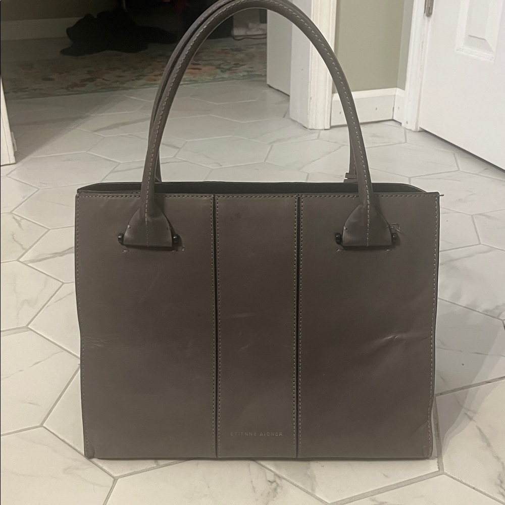 Etienne Aigner Gray Leather Tote Bag